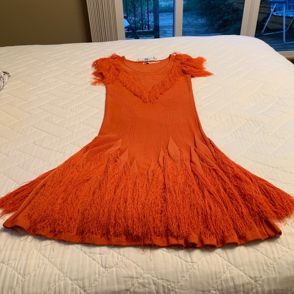 LEON MAX LIMITED EDITION ORANGE COCKTAIL FRINGE DRESS - SIZE M/S